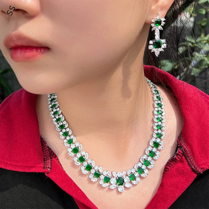 Europe and American High Quality Luxury Emerald Jewelry Sets 2 Piece Green Zircon Earring Necklace Chain Banquet Dress Accessory
