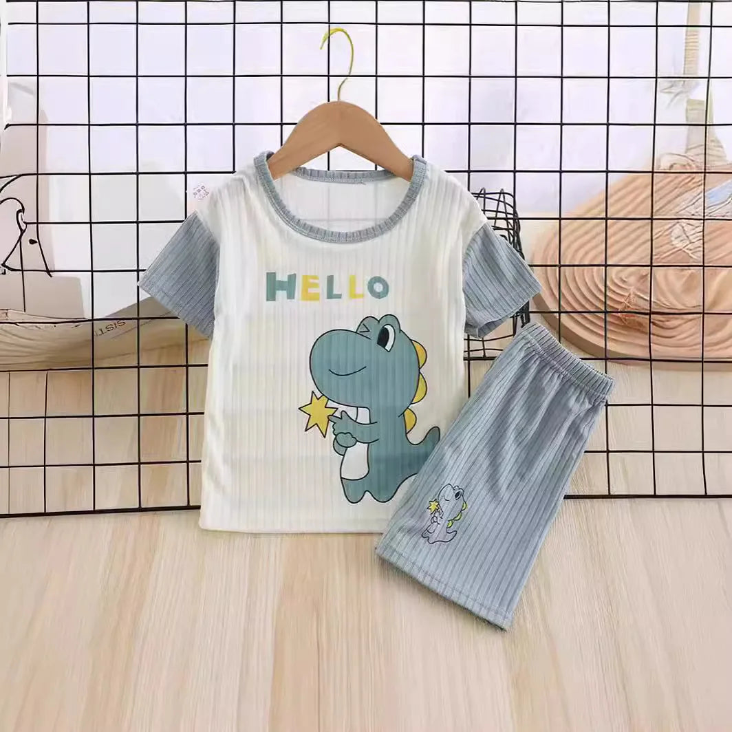 Kids Boys Girls Summer Breathable Pajamas Cartoon Dinosaur Short Sleeve T-Shirt Tops with Shorts Toddler Baby Clothing Sets