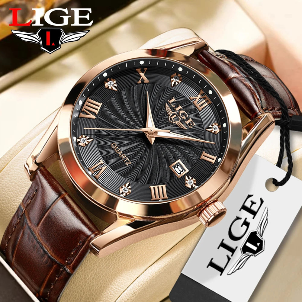 LIGE Men Watches Waterproof Luminous Top Brand Luxury Leather Casual Sports Quartz Wristwatch Military Man Watch For Men