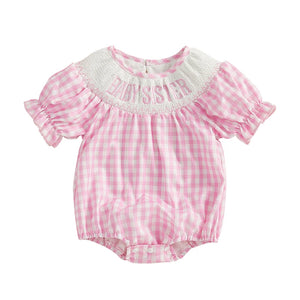 Infant Girl s Short Sleeve Romper with Embroidered Floral Detail and Ruffled Hemline Round Neck Summer Jumpsuit in Plaid