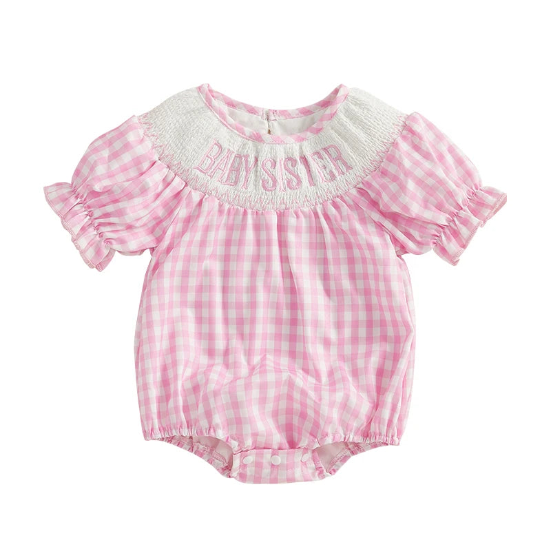 Infant Girl s Short Sleeve Romper with Embroidered Floral Detail and Ruffled Hemline Round Neck Summer Jumpsuit in Plaid