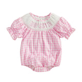 Infant Girl s Short Sleeve Romper with Embroidered Floral Detail and Ruffled Hemline Round Neck Summer Jumpsuit in Plaid
