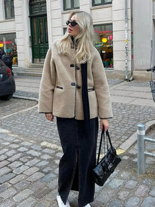 Fashion Solid Bull Horn Buckle Lamb Wool Thick Coats Women Casual Long Sleeve