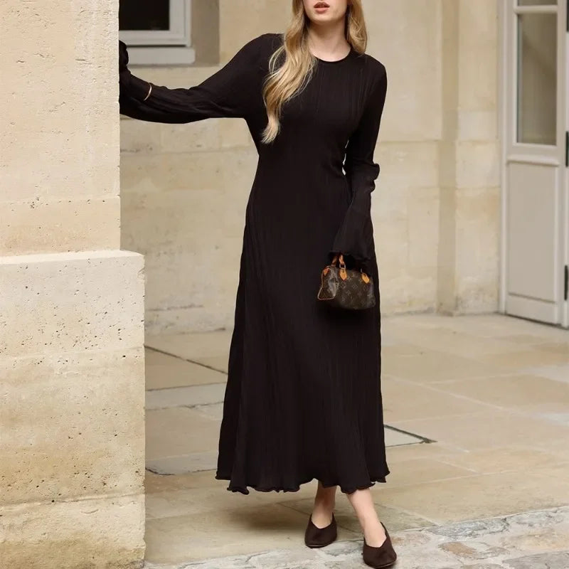 Winter Solid Loose Long Sleeve Tie Y2k Dress Casual Office Commuting Long Dress Female