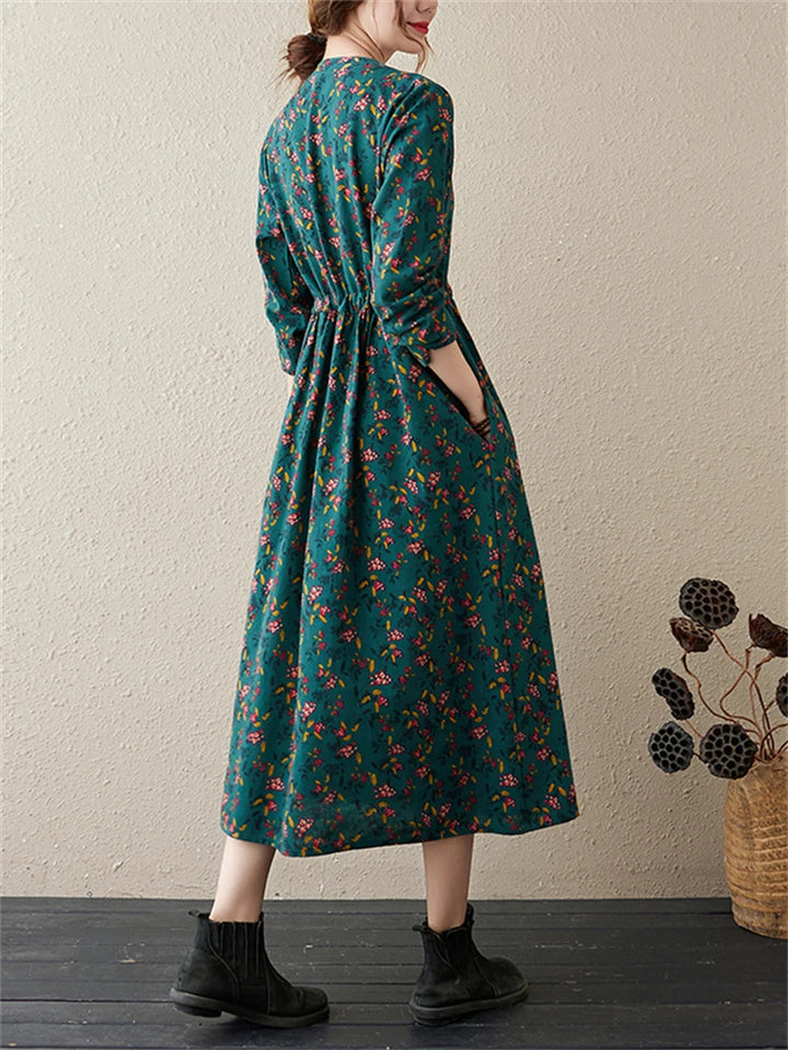 Long Sleeve Cotton Linen Vintage Floral Print Dresses For Women  Casual Dress Robe Femme Elegant Clothing