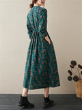 Long Sleeve Cotton Linen Vintage Floral Print Dresses For Women  Casual Dress Robe Femme Elegant Clothing