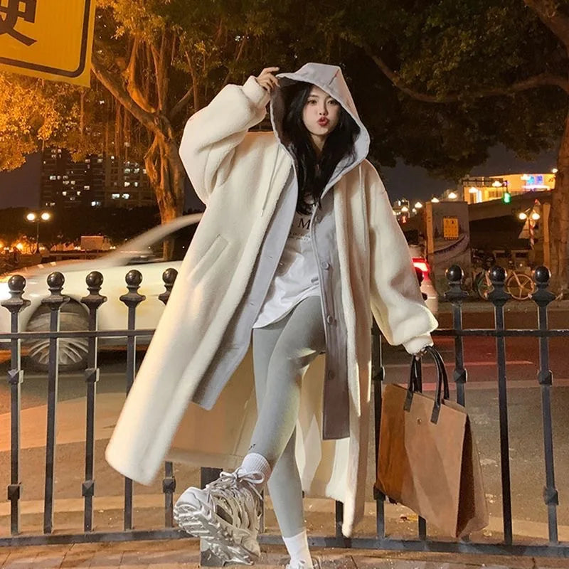 Chic Autumn and Winter New Long Hooded Single-breasted Coat Lambswool Joker Loose Fashion Coat Ins Style