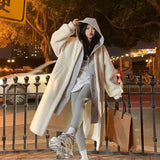 Chic Autumn and Winter New Long Hooded Single-breasted Coat Lambswool Joker Loose Fashion Coat Ins Style