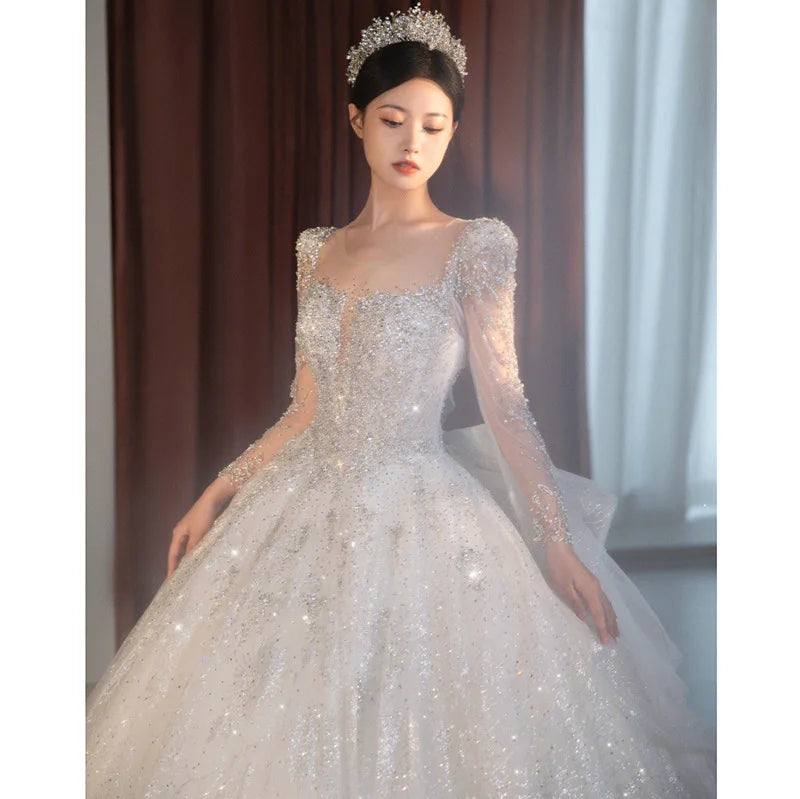 Long Sleeve Beading Wedding Dress Sexy See Through Square Collar Luxury Sweep