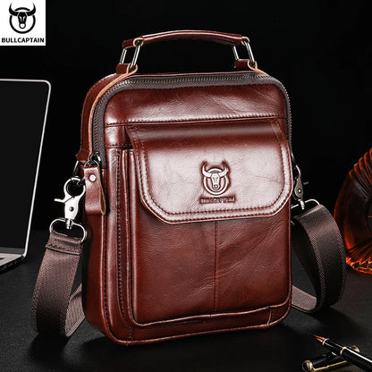 BULLCAPTAIN Men's Genuine Leather Shoulder Bag Multifunctional 7.9-inch Tablet Handbag Retro Casual Crossbody Bag Cowhide