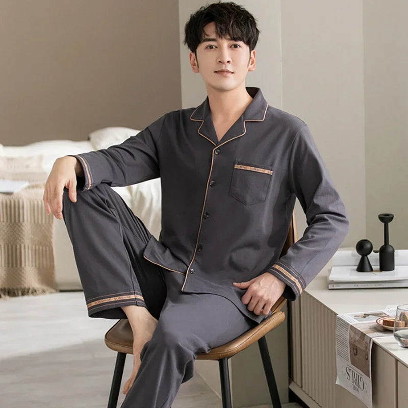 2025 Spring Couple Long Sleeve 100% Cotton Pajama Sets for Men Korean Loose Sleepwear Suit Pyjamas Women Homewear Home Clothes