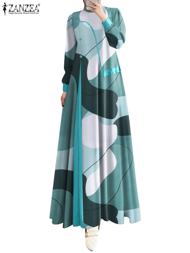 Women Fashion Printing Abaya Dress Muslim Islamic Casual Long Sleeve Long Dress