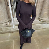 Winter Solid Loose Long Sleeve Tie Y2k Dress Casual Office Commuting Long Dress Female