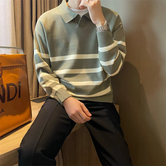 Autumn Simple Lapel Striped Sweater For Men Casual Vintage Korean Fashion