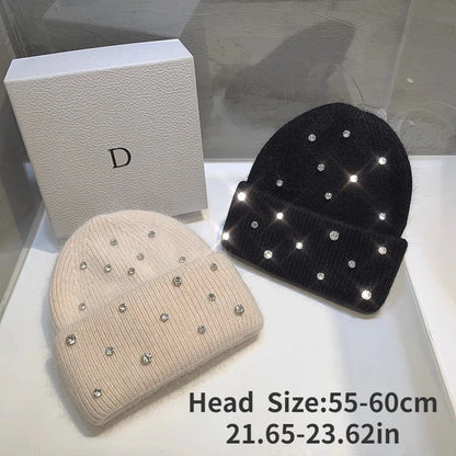 Luxury Rhinestone Winter Hats for Womem Elegant Fashion Designer Angola Warm Beanies Soft  Solid Adult Cover Head Cap