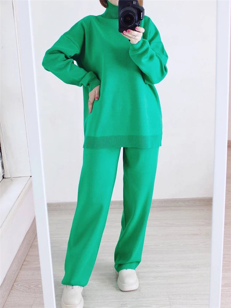 Autumn Winter 2 Pieces Women Sets Knitted Tracksuit