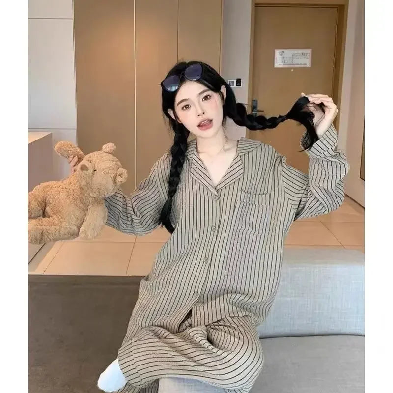 Couple Pajamas for Men Fleece Autumn Sleepwear Korean Sleeping Night Wear Striped Pijama 2 Pcs Pants Sets Pocket Home Suit 2024