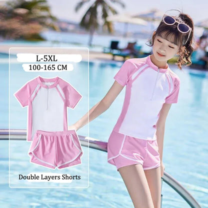 Double Layers Shorts Girls Swimwear Two-Pieces Suits Summer Beach Clothes L-5XL Kids Short-sleeve Swimsuit For Girl Pink, Black