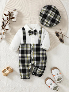 Newborn Literary Style Boy Baby Lapel False Strap Black Plaid Color