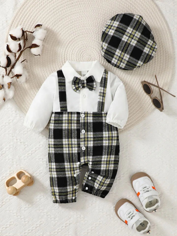 Newborn Literary Style Boy Baby Lapel False Strap Black Plaid Color