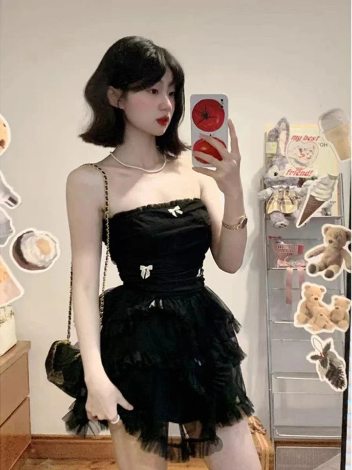 Even Party Black Dress Women Casual Corset Y2k Mini  Office Lady Sleeveless Bodycon Lace One Piece  Korean