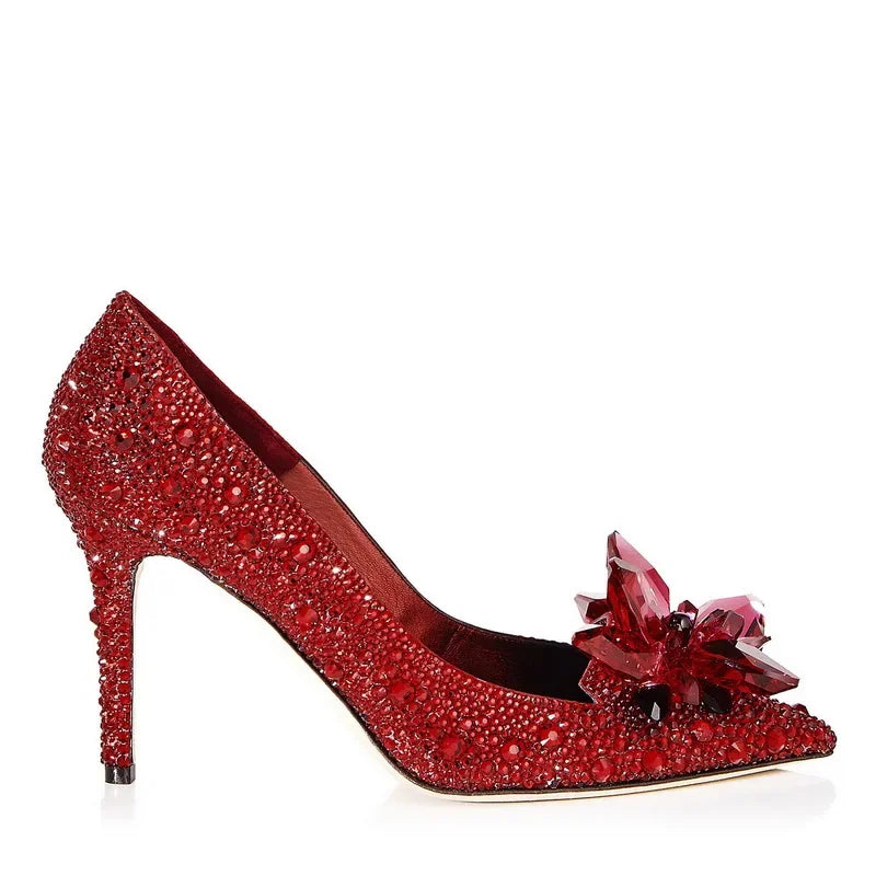 Red Crystal Covered Pointy Toe Pumps Luxury Rhinestone Cinderella Heels Wedding Shoes Bridal Stiletto Heel Women Shoes