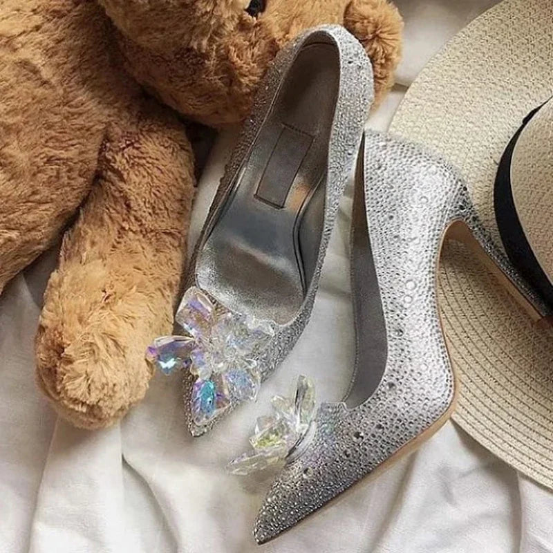 Red Crystal Covered Pointy Toe Pumps Luxury Rhinestone Cinderella Heels Wedding Shoes Bridal Stiletto Heel Women Shoes
