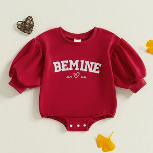 Infant Baby Girl Romper Autumn Valentine's Day Clothes Letter Embroidery Long Lantern Sleeve Crew Neck Bubble Jumpsuit for 0-18M