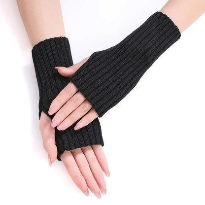 Women Half Finger Gloves Winter Knitted Arm Sleeves Fingerless Mittens Solid Color Soft