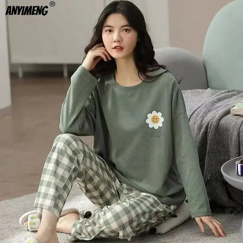 M-5XL Big Size Autumn Spring Pajamas Set for Women Kawaii Printing Sleepwear for Girl