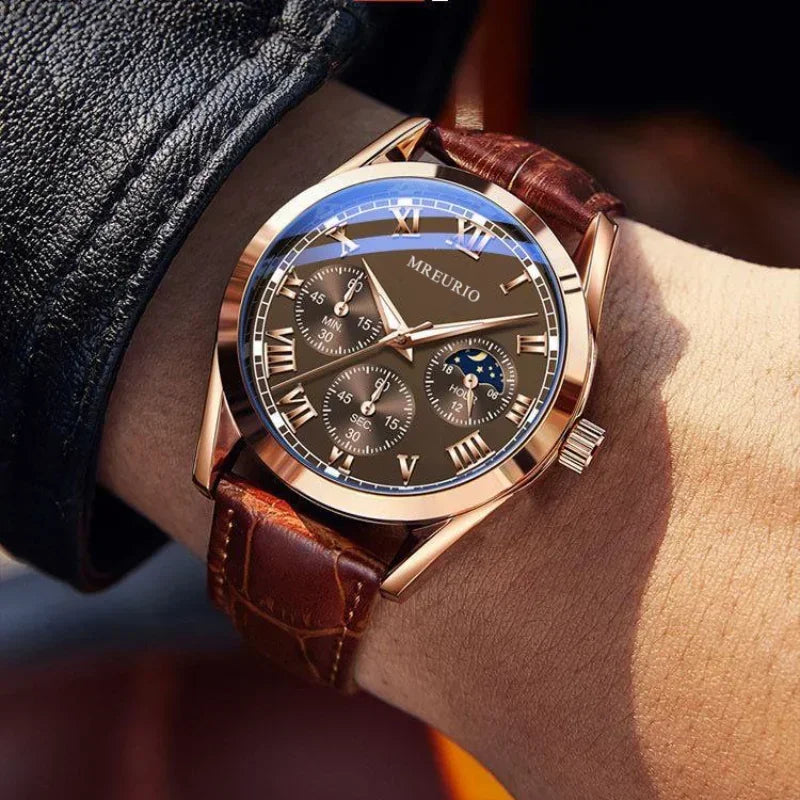 Luxury Brand Watch Men Quartz Watches Leather Strap Fake Three Eye Fashion Business Wristwatches