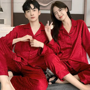 Couple's Newlywed Pajamas Set Women Long Sleeves Shirt&Pants Home Wear Men's Silky Satin Sleepwear Bride Groom's Red Nightwear