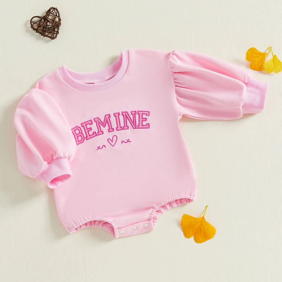 Infant Baby Girl Romper Autumn Valentine's Day Clothes Letter Embroidery Long Lantern Sleeve Crew Neck Bubble Jumpsuit for 0-18M