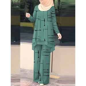 Vintage Stylish Muslim Suit 2PCS Long Sleeve Blouse Pant Sets Islamic Clothing Female Casual Floral Printed Matching Sets