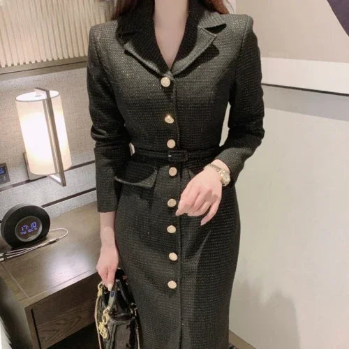 Tweed Midi Dress Metal Button Single Breasted Belt Slim Vestidos Fall Winter Solid Retro Robe