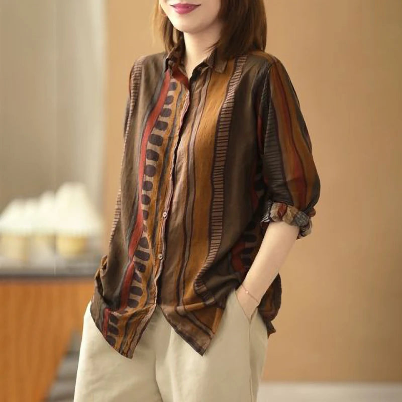 Aesthetic Ethnic Print Cotton Linen Shirt Women