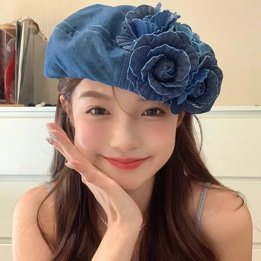 Ladies New Denim Beret Hats Flower Cowboy Vintage Luxury Hat