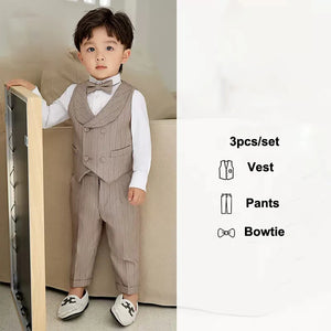 Boys Spring Summer Khaki Striped Suit Set Baby Child Birthday Party Wedding Photography Costume Kids Blazer Vest Pants Clothes