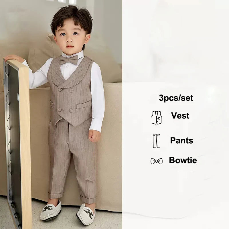 Boys Spring Summer Khaki Striped Suit Set Baby Child Birthday Party Wedding Photography Costume Kids Blazer Vest Pants Clothes