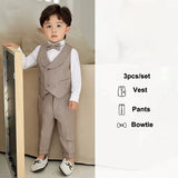 Boys Spring Summer Khaki Striped Suit Set Baby Child Birthday Party Wedding Photography Costume Kids Blazer Vest Pants Clothes