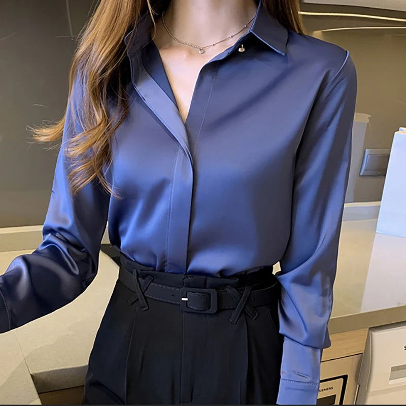 Satin Women Shirt Vintage Long Sleeve Blouse Women Silk Elegant Womens Tops  Shirt Autumn Female Clothing