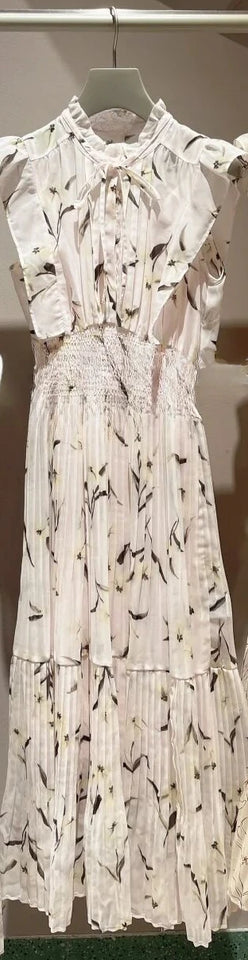 Kuzuwata Fresh Mid-length Print High Waist Robe New Gentle Literary Lace Up Pleated Slim Exquisite Mujer Japan New Elegant Dress