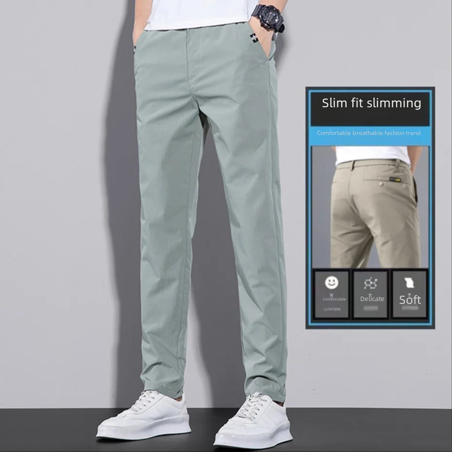 Summer Ice Silk Slim Fit Trousers Men's Thin Versatile Trendy Casual Straight-leg Trousers Quick-dry Slimming Men's Casual Pants