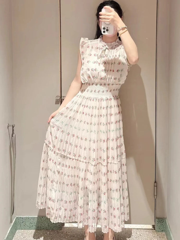 Kuzuwata Fresh Mid-length Print High Waist Robe New Gentle Literary Lace Up Pleated Slim Exquisite Mujer Japan New Elegant Dress