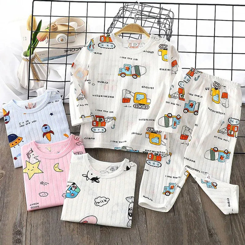 Top+Pants 2-Piece Set Breathable Soft Cotton Pajamas Children Boys Girls Baby Summer Cartoon Long Sleeve Home Sleepwear Set 1-6Y