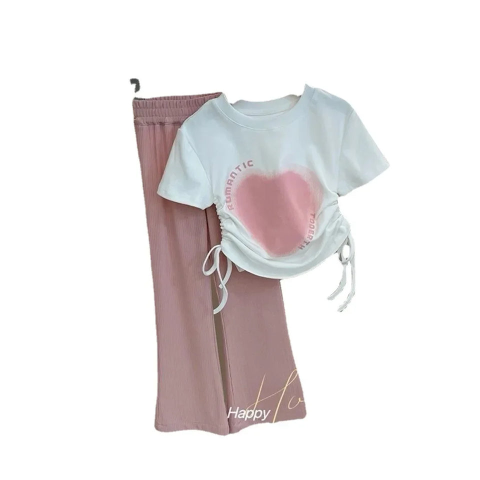 Girls Sweet Suit Teenager  New Love Printed Short-sleeved + Casual Wide-leg Pants Two-piece