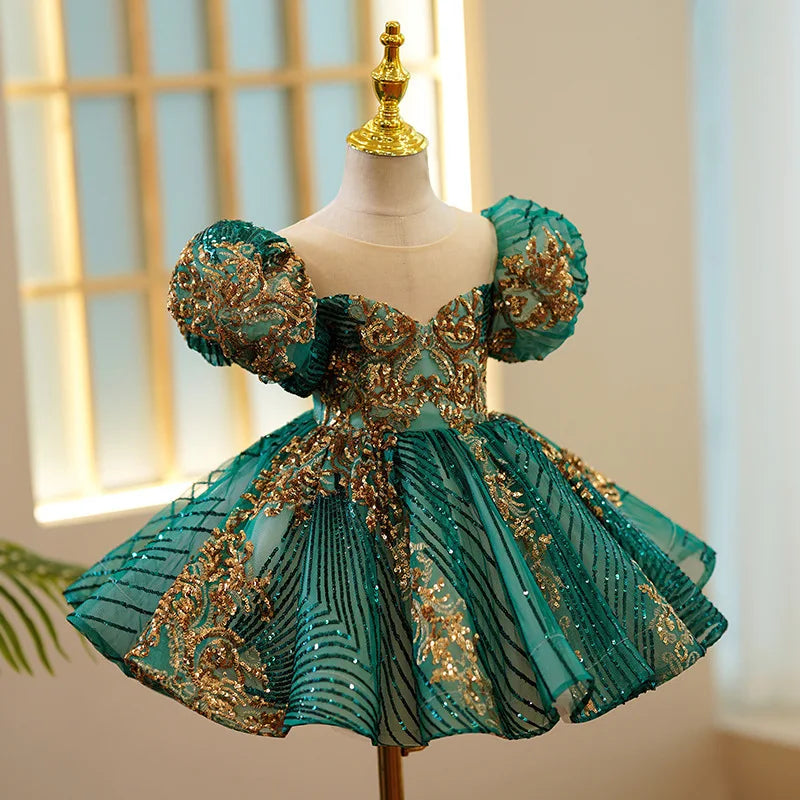 Kids Luxury Party Green Gold Dresses for Girls Size 1 - 12 Years Birthday Photo Shoot Gown Evening Formal Lace Dress Prom Frock