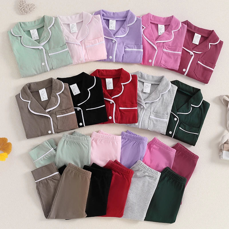 Spring Autumn Children Kids Boys Girls Pajama Sets Loungewear Long Sleeve Patchwork Button Shirts Pants Comfortable Sleepwear