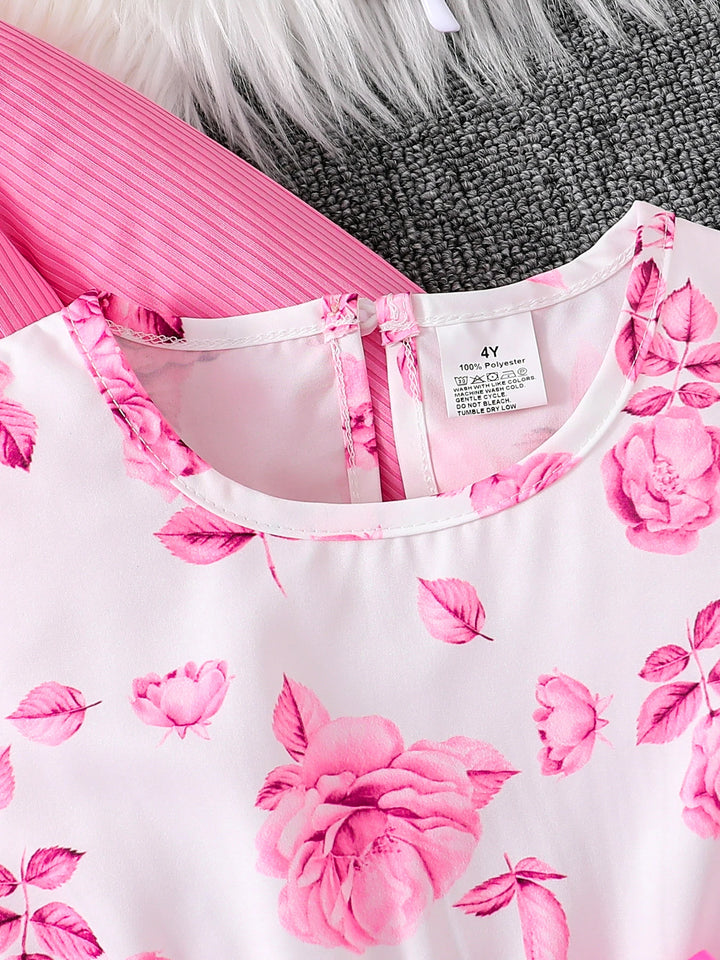 Children's clothing girl autumn fashion casual pink floral dress set 2-piece set - pink round neck vest+pink floral skirt
