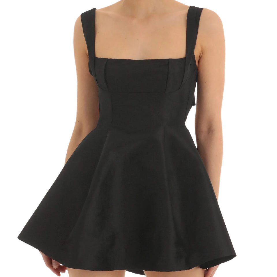 Women Summer Back Bow Short Sling Dress Solid Color Sleeveless Backless Square Neck Party Club A-line Dress